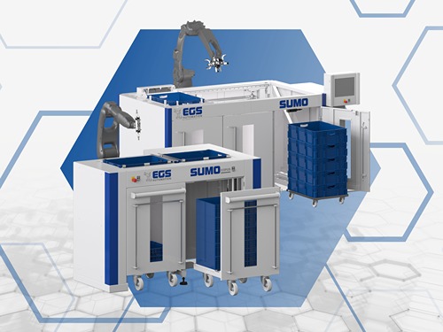 Ein modularer „SUMO“-Traystapler von EGS mit zwei Roboterarmen, mehreren Ein- und Ausgabestationen sowie gestapelten blauen Kunststofftrays auf rollbaren Wagen vor einer technischen Hintergrundgrafik.